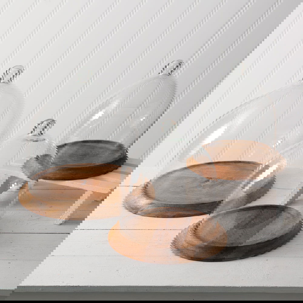 Medium Glass Bell Shaped Cloche with Wood Base - Vessel