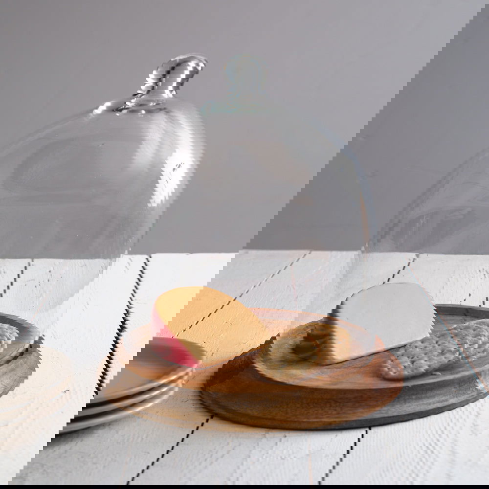 Medium Glass Bell Shaped Cloche with Wood Base - Vessel