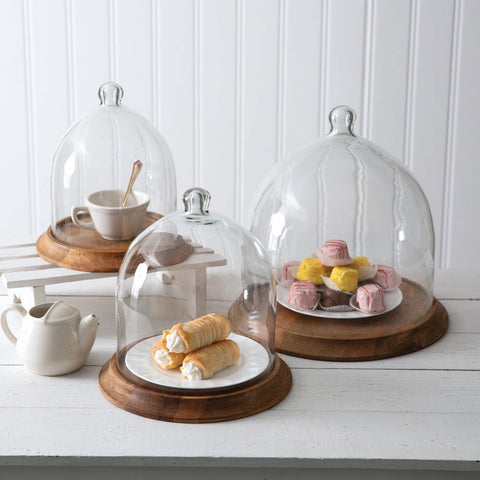 Medium Glass Bell Shaped Cloche with Wood Base - Vessel